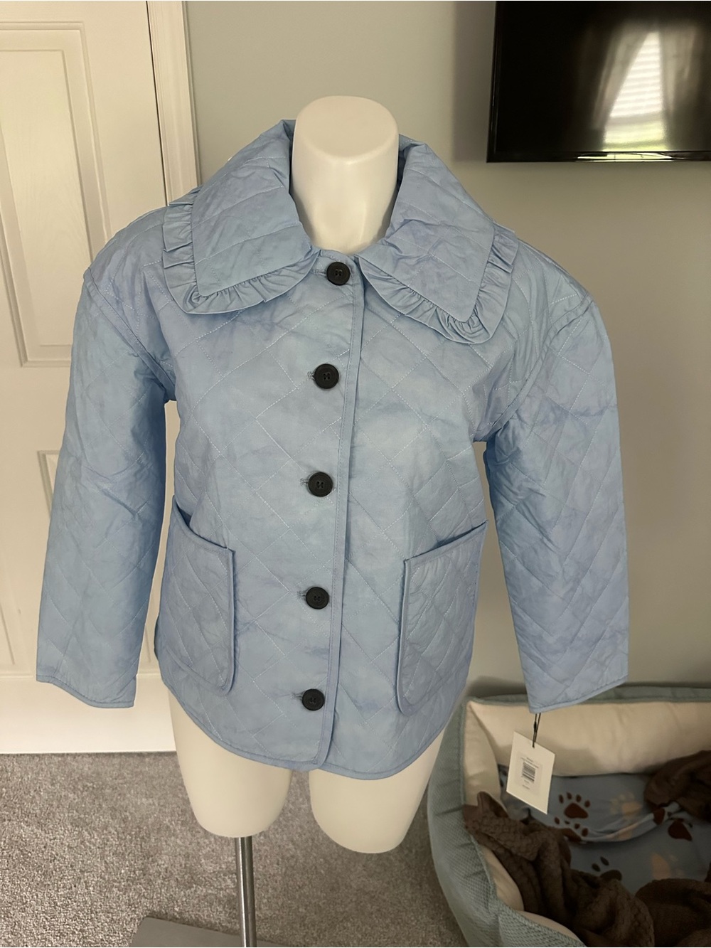 Light Blue Quilted Ruffle-Collar Jacket by Bagatelle - Picture 5 of 5